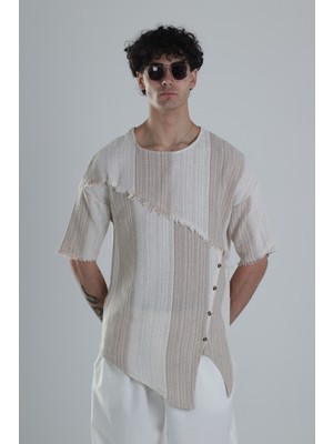 Asimetrik Tasarım Bej T-Shirt