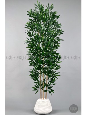 Biçiçek Yapay Bambu Ağacı 160 cm Beyaz Kumaş Yapraklı Büyük Saksıda Gerçekçi Görünüm