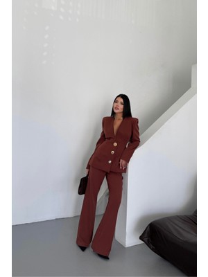 Tasarım Ceket-Pantolon Takım Metal Düğme Detaylı - Kahverengi
