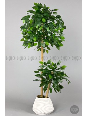 Biçiçek Yapay Benjamin Ağacı Bambu Gövdeli Beyaz Kumaş Yapraklı 125 cm Dekoratif Bitki