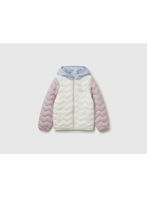 Kız Çocuk Ekru-Lila Simli Logo Detaylı Kapüşonlu Mevsimlik Ince Mont