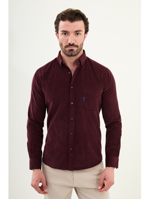 Düz Slim Fit Nakış Detaylı Kadife Erkek Gömlek