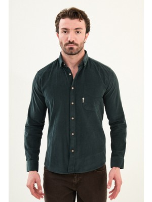 Düz Slim Fit Nakış Detaylı Kadife Erkek Gömlek