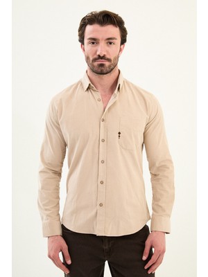 Düz Slim Fit Nakış Detaylı Kadife Erkek Gömlek