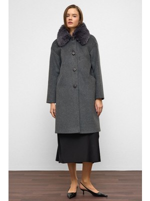 Çıkabilir Kürklü Düşük Kol Büyük Beden Kaban Koyu Gri 3089