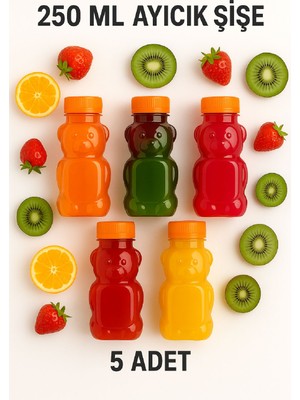 5 Adet Ayıcık Şişe – Turuncu Kapaklı, Okul ve Piknik Için Eğlenceli Çocuk Meyve Suyu Şişesi 250 ml