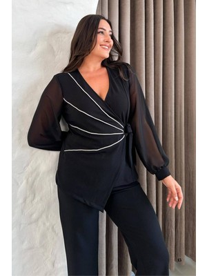 Büyük Beden Beyaz Şeritli Kruvaze Yaka Siyah Abiye Pantolon Takım 027