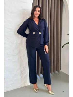 Büyük Beden Şifon Kollu Gold Düğmeli Siyah Abiye Takım 028