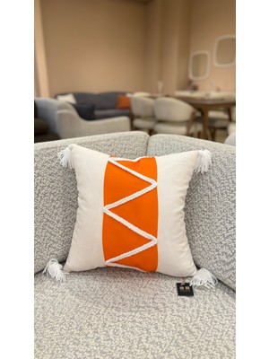 Makrome Detaylı Turuncu-Beyaz Renkli Deluxe Kırlent Kılıfı 43X43 cm