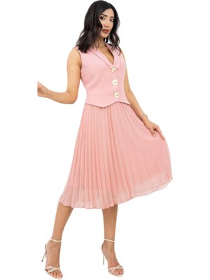 Düğme Detaylı Piliseli Lüks Abiye Elbise – V Yaka Şık Tasarım | Mezuniyet, Nişan, Davet Elbisesi 420