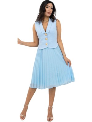 Düğme Detaylı Piliseli Lüks Abiye Elbise – V Yaka Şık Tasarım | Mezuniyet, Nişan, Davet Elbisesi 420