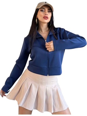 Scuba Kumaş Uzun Kollu Fermuarlı Crop Spor Ceket | Lacivert