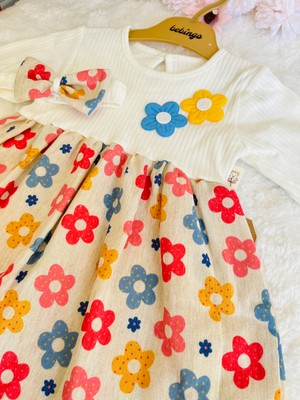 Kız Bebek ve Çocuk Saç Bantlı Çiçekli 4 Farklı Renkli Elbise