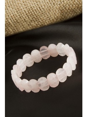 Zengezur Oval Kesim  Pembe Kuvars Doğaltaşlı Bileklik-Pembe