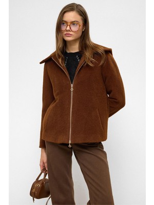 Çıkabilir Kapüşonlu Fermuar Detaylı Oversize Kaban Kahve 3128