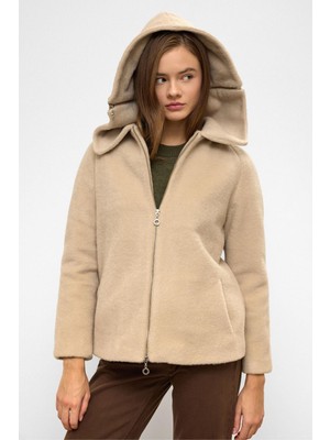 Çıkabilir Kapüşonlu Fermuar Detaylı Oversize Kaban Koyu Bej 3128