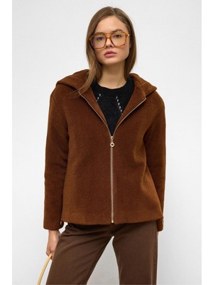 Kapüşonlu Fermuar Detaylı Oversize Kısa Kaban Kahve 3130