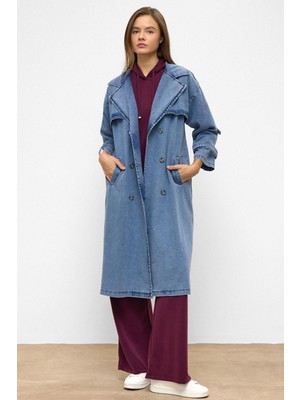 Apolet ve Pelerin Detaylı Oversize Denim Trençkot Mavi 6789