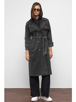 Apolet ve Pelerin Detaylı Oversize Denim Trençkot Antrasit 6789