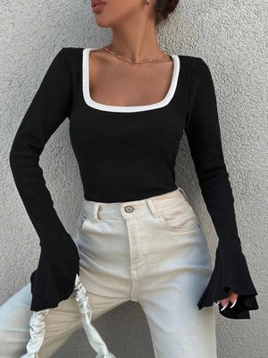 Kare Yaka Garni Detay Ispanyol Kol Bluz Siyah A3105