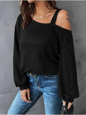 Arben Boutique Kadın Uzun Kollu Tek Omuz Askı Detay Salaş Viskon Iki Iplik Bluz