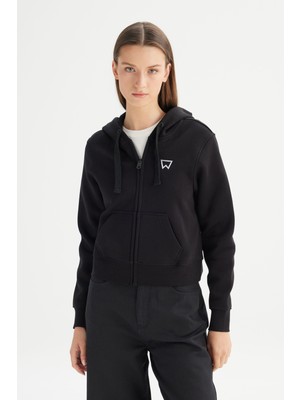 Regular Fit Normal Kesim Kapüşonlu Içi Polarlı Fermuarlı Siyah Sweatshirt Ceket