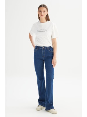 Flare Fit Geniş Paça Yüksek Bel Mavi Pamuklu Esnek Denim Jean Pantolon