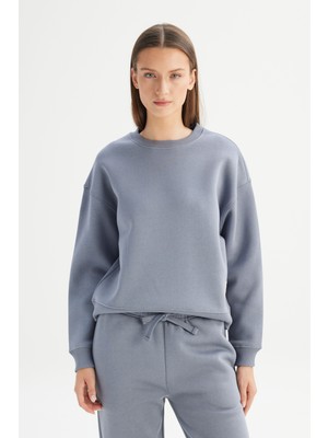 Relaxed Fit Geniş Kesim Bisiklet Yaka Içi Polarlı Mavi Sweatshirt