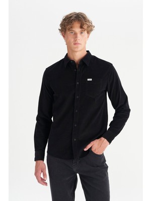 %100 Pamuk Regular Fit Normal Kesim Klasik Yaka Cepli Kadife Gömlek