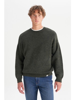 Relaxed Fit Geniş Kesim Bisiklet Yaka Koyu Yeşil Triko Kazak