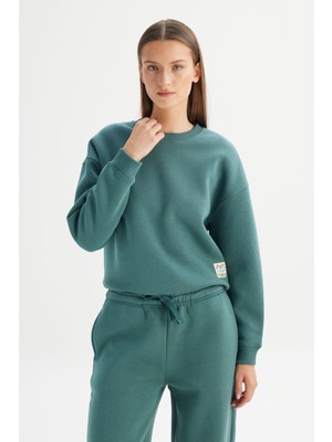 Relaxed Fit Geniş Kesim Bisiklet Yaka Içi Polarlı Yeşil Sweatshirt