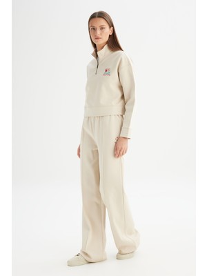 Loose Fit Geniş Paça Bej Pamuklu Esnek Sweatpant