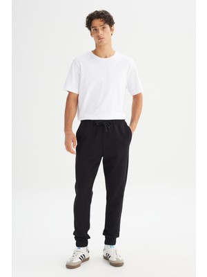Regular Fit Normal Kesim Ribanalı Paça Siyah Sweatpant Eşofman Altı