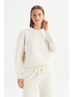 Relaxed Fit Geniş Kesim Bisiklet Yaka Içi Polarlı Ekru Sweatshirt