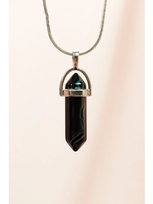 Obsidyen Doğal Taşı Zincirli El Yapımı Tasarımlı Kolye Uç: 3,5 cm Zincir: 20 cm Kutulu