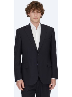 Lacivert Düz Modern Fit Yün Karışımlı Takım Elbise