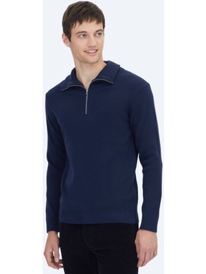 Kip Lacivert Bato Yaka Jakarlı Triko Kazak