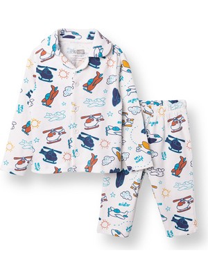 Hellobaby Erkek Bebek Uzun Kol Pijama Takımı Interlok Düğmeli Bebe Yaka Reçme Paça