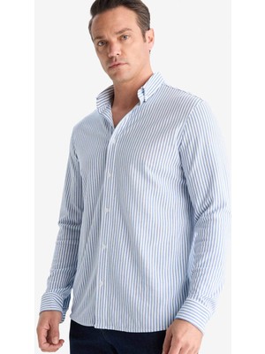 DeFacto Regular Fit Uzun Kollu Polo Yaka Mavi Çizgili Gömlek Erkek Trend Stil E8084AX25AU