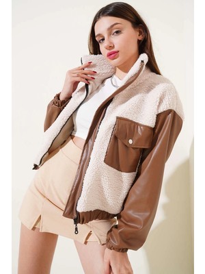Deri Garnili Cepli Peluş Mont Taba T1253