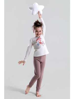 Kız Çocuk Pamuklu Bisiklet Yaka Happy Baskılı Uzun Kollu Pijama Takımı 9249 Vızon