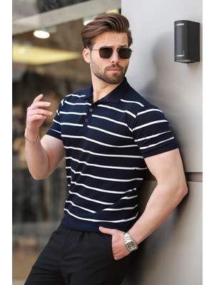 Lacivert Çizgili Polo Yaka Erkek T-Shirt E7405