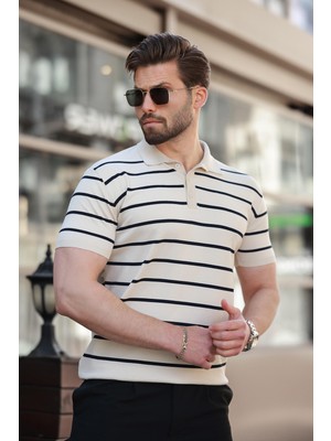 Bej Çizgili Polo Yaka Erkek T-Shirt E7405