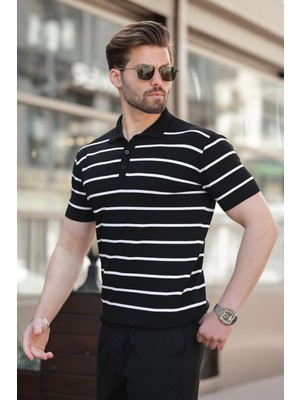 Siyah Çizgili Polo Yaka Erkek T-Shirt E7405