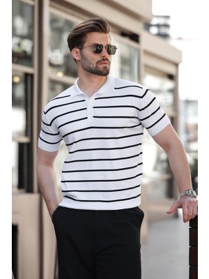 Beyaz Çizgili Polo Yaka Erkek T-Shirt E7405