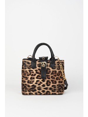 Kadın Kutu Leopar Desenli Suni Deri  Çıkarılabilir Askılı Çıtçıt Fermuar Kapama El ve Omuz Çantası