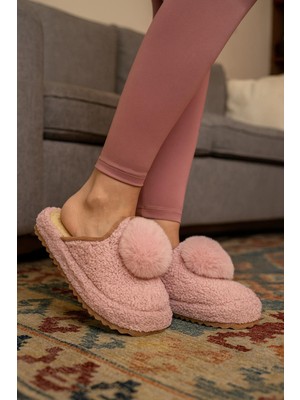 Kadın Ponponlu Ev Terliği Ses Yapmaz Kalın Taban Kışlık Terlik