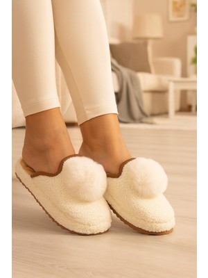 Kadın Ponponlu Ev Terliği Ses Yapmaz Kalın Taban Kışlık Terlik