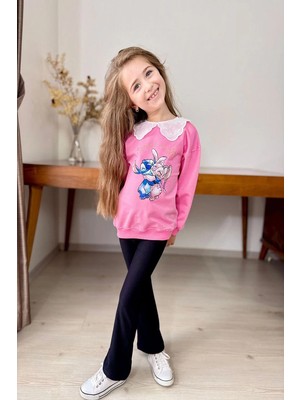 Yaka Detaylı Stitch Desenli Pembe Renk Kız Çocuk Takım