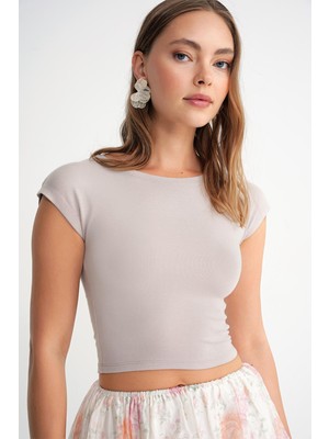 2009 Kadın Vücuda Oturan Basic Crop T-Shirt Taş